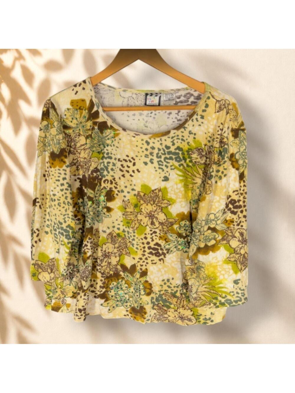 Take Two Sweater Pullover Women XL Yellow Floral Knit Long Sleeve Soft Cozy